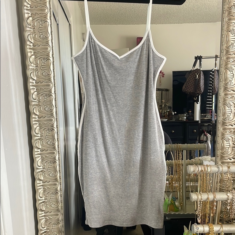 SHEIN Gray Midi Slip Dress with White Trim